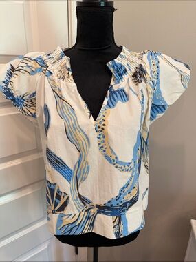 Smocked V-Neck Flutter Sleeve Blouse in Blue and Cream